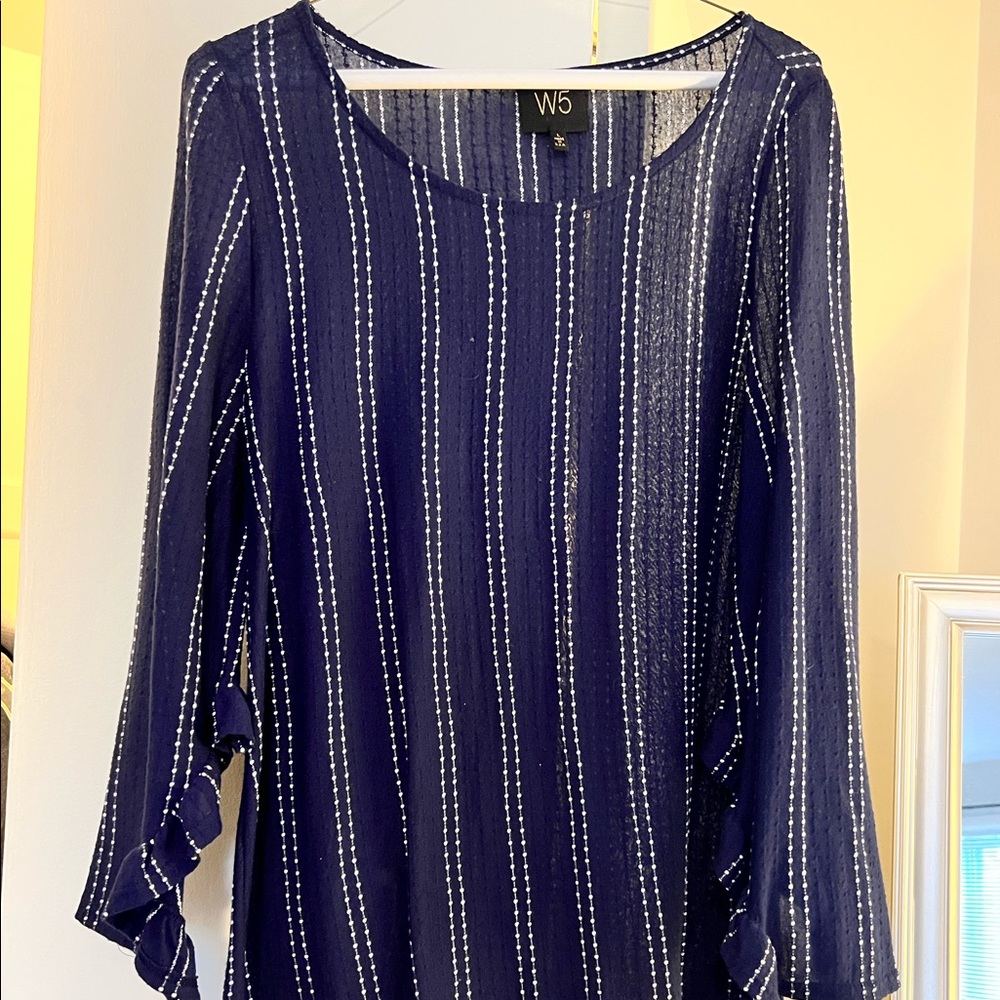 Faux Long Sleeve Navy Blouse with Ruffle Detail